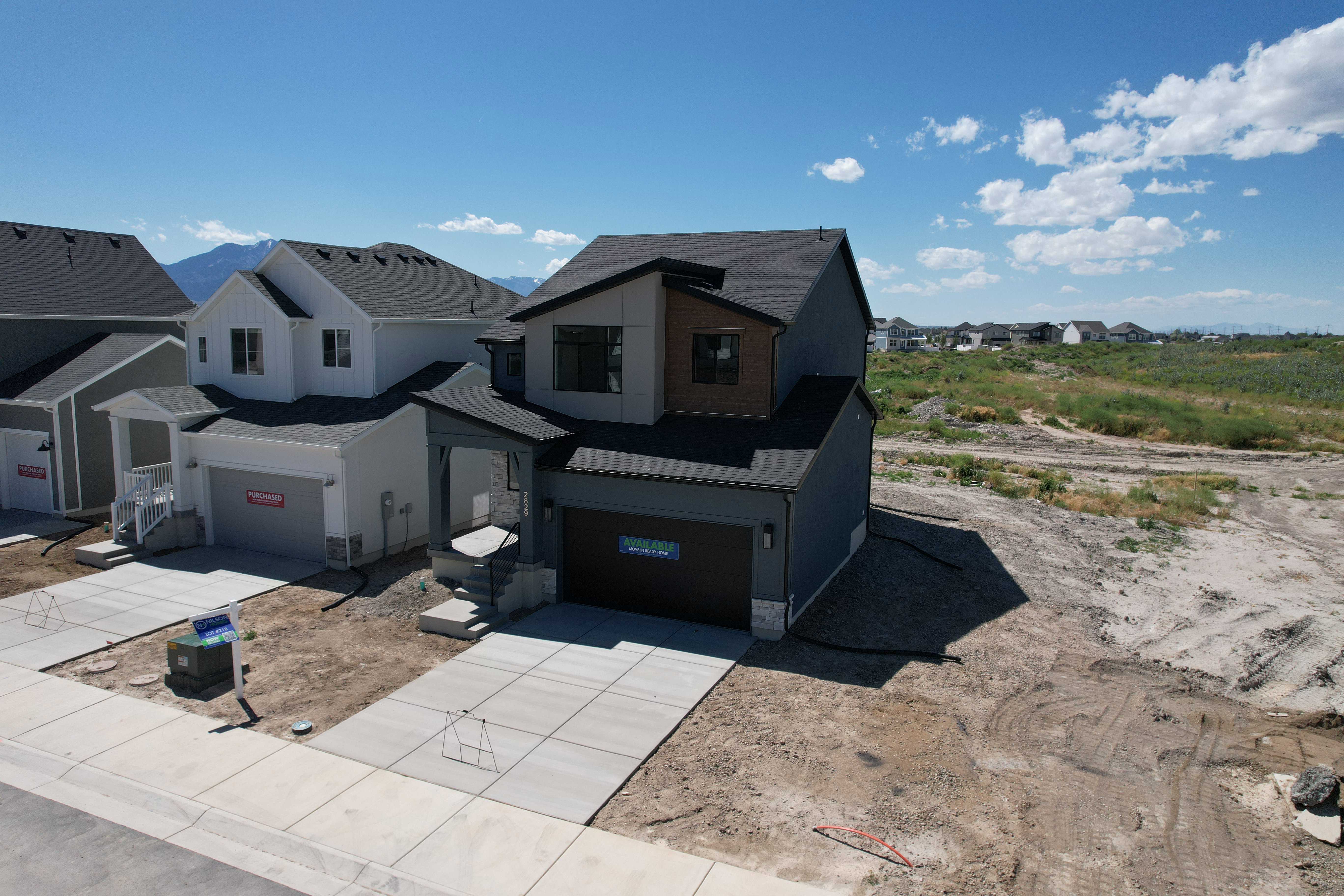 Modern contemporary exterior featuring dark siding, stone accents, and wood-finish paneling