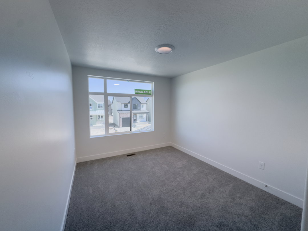 Room featuring a large window, gray carpet flooring, white walls, and a ceiling-mounted light fixture
