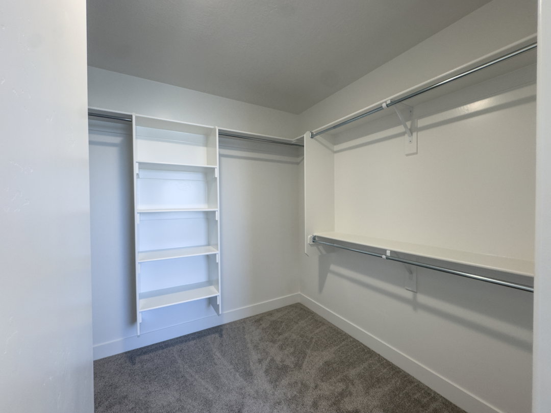 Walk-in closet featuring built-in shelving, chrome hanging rods, white walls, and grey carpet flooring