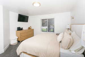 Bedroom featuring white walls and grey carpet flooring