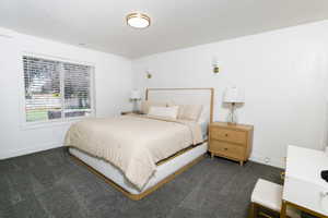 Spacious bedroom featuring plush gray carpeting, a large window with white blinds, and white walls