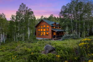 Wood-sided residence featuring a green metal roof and multiple dormers