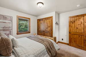 Bedroom featuring wood-finish doors and window trim, a carpeted floor, and a window overlooking exterior greenery