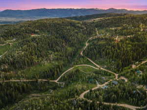 Expansive mountainous landscape featuring dense evergreen forests and scattered residential properties