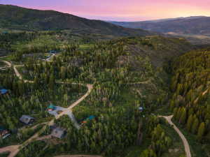 Mountain landscape featuring extensive tree coverage, winding unpaved roads, and scattered residential properties