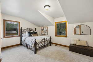 Carpeted room featuring a sloped ceiling and two windows with wood trim