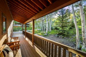 Wood-finish covered porch featuring a slatted wood ceiling, wood-plank flooring, and wood railing