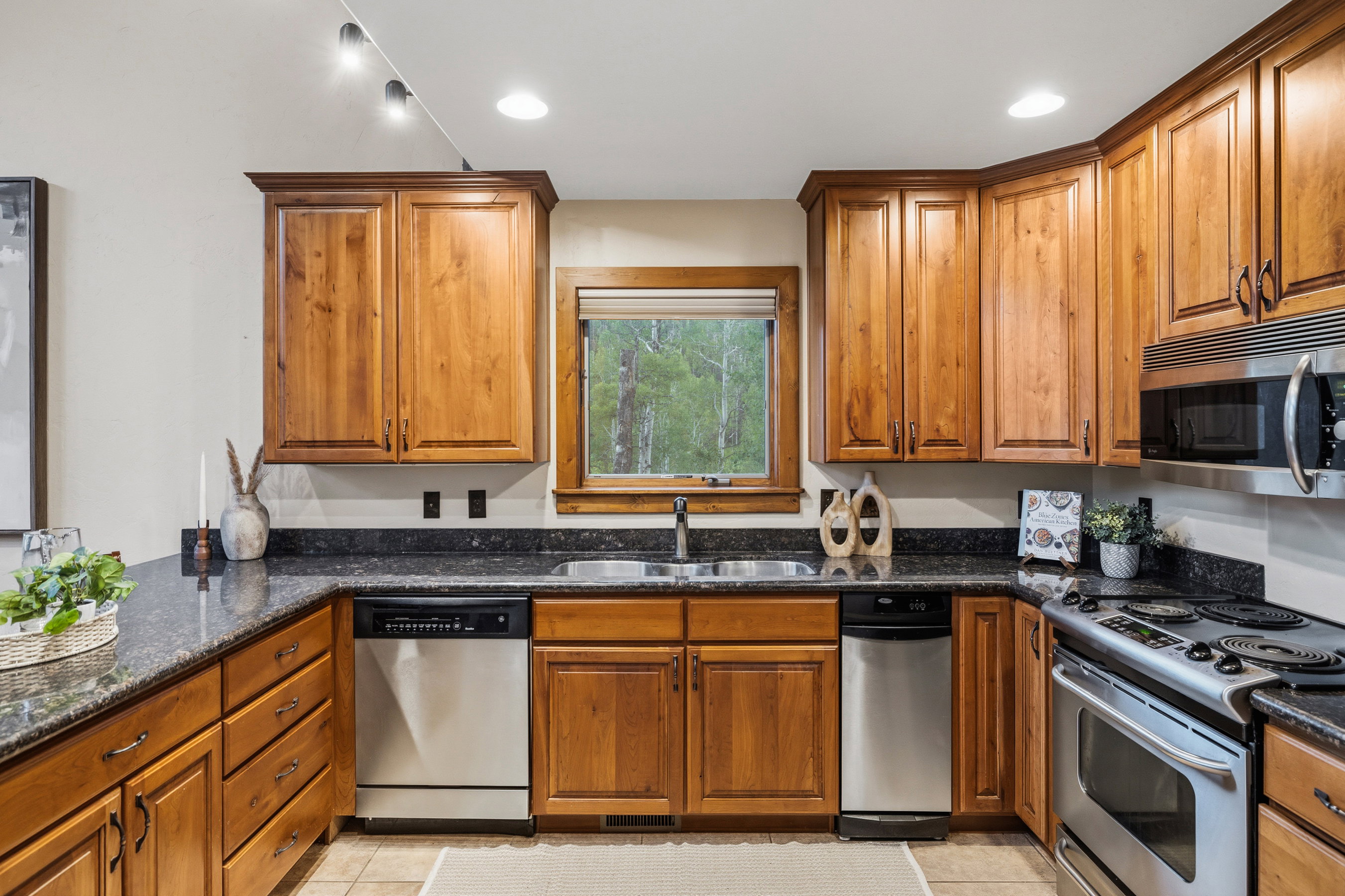 Kitchen featuring wood cabinetry, dark countertops, stainless steel appliances, and a window above the sink