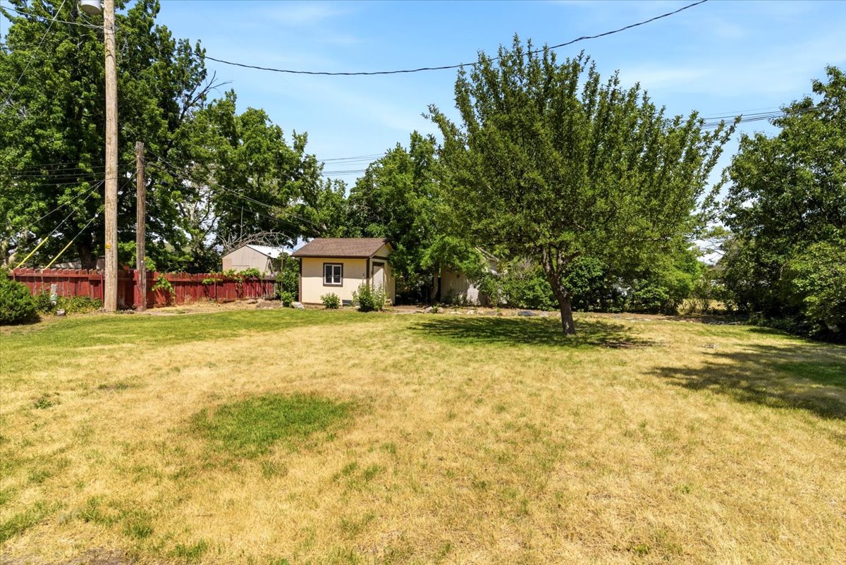 Expansive backyard featuring a detached storage shed, mature perimeter trees, and a wooden privacy fence