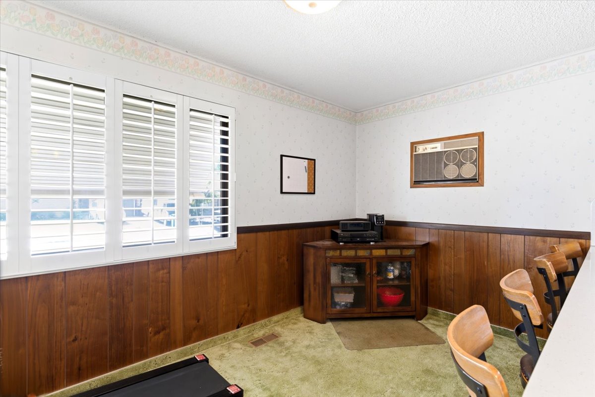 White plantation shutters covering a multi-pane window, complemented by wood-paneled wainscoting and light green carpeting