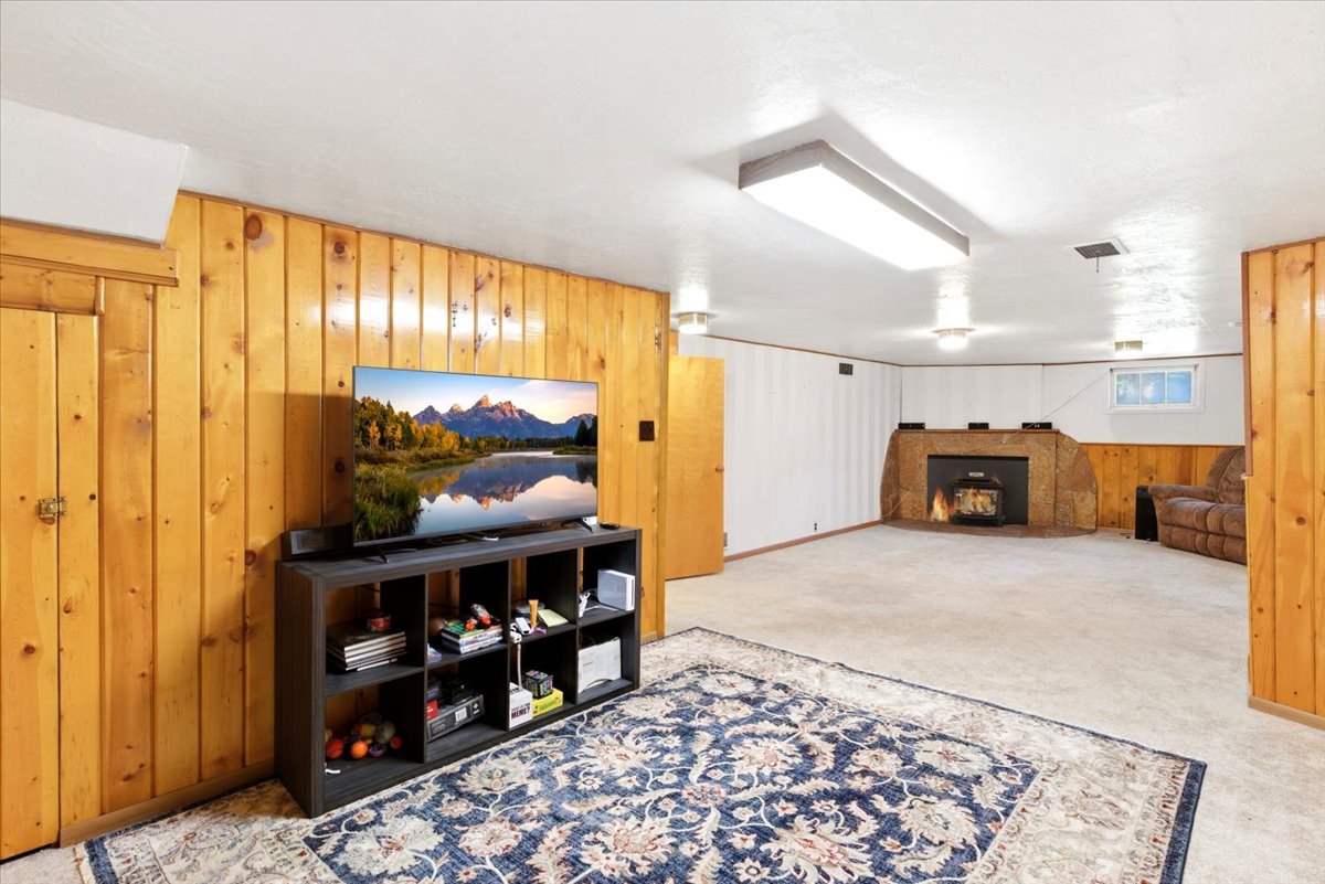 Expansive room featuring wood paneling, a stone-faced fireplace with an insert, plush carpet flooring, and recessed lighting