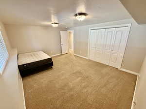 Spacious room featuring neutral carpeting, a window with horizontal blinds, and a built-in closet with bifold doors