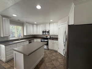 Kitchen featuring a central island with beadboard paneling, white cabinetry with crown molding, stainless steel appliances, a deep single-basin sink with a gooseneck faucet, and earth-toned tile flooring