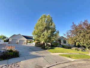 Expansive concrete driveway leading to a two-car garage and additional covered parking