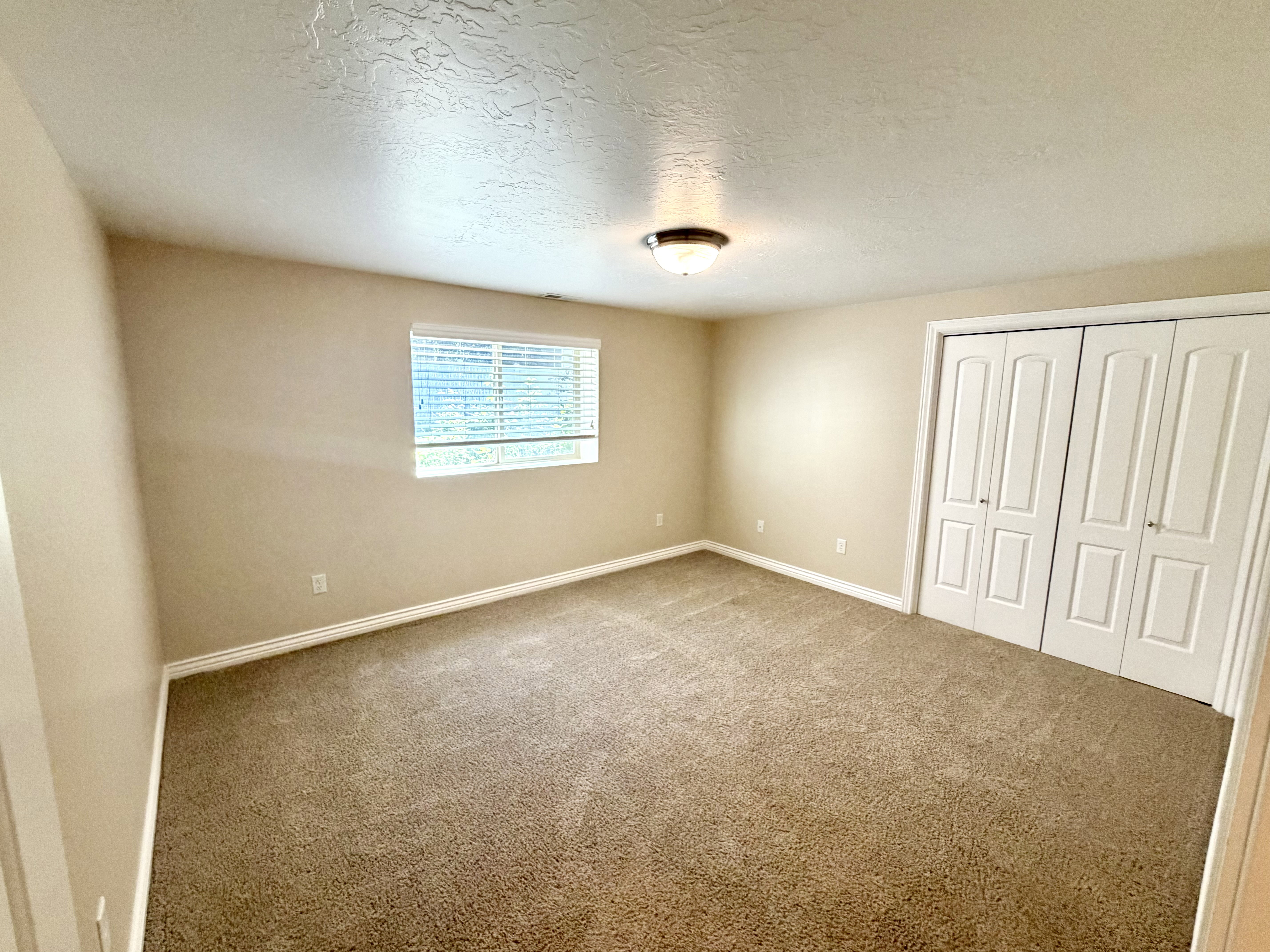 Spacious room featuring neutral carpeting, a window with blinds, and white bi-fold closet doors