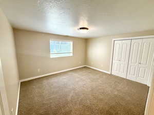 Spacious room featuring neutral carpeting, a window with blinds, and white bi-fold closet doors