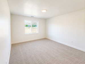 Room featuring neutral-toned carpeting, white walls, and a single window with white trim