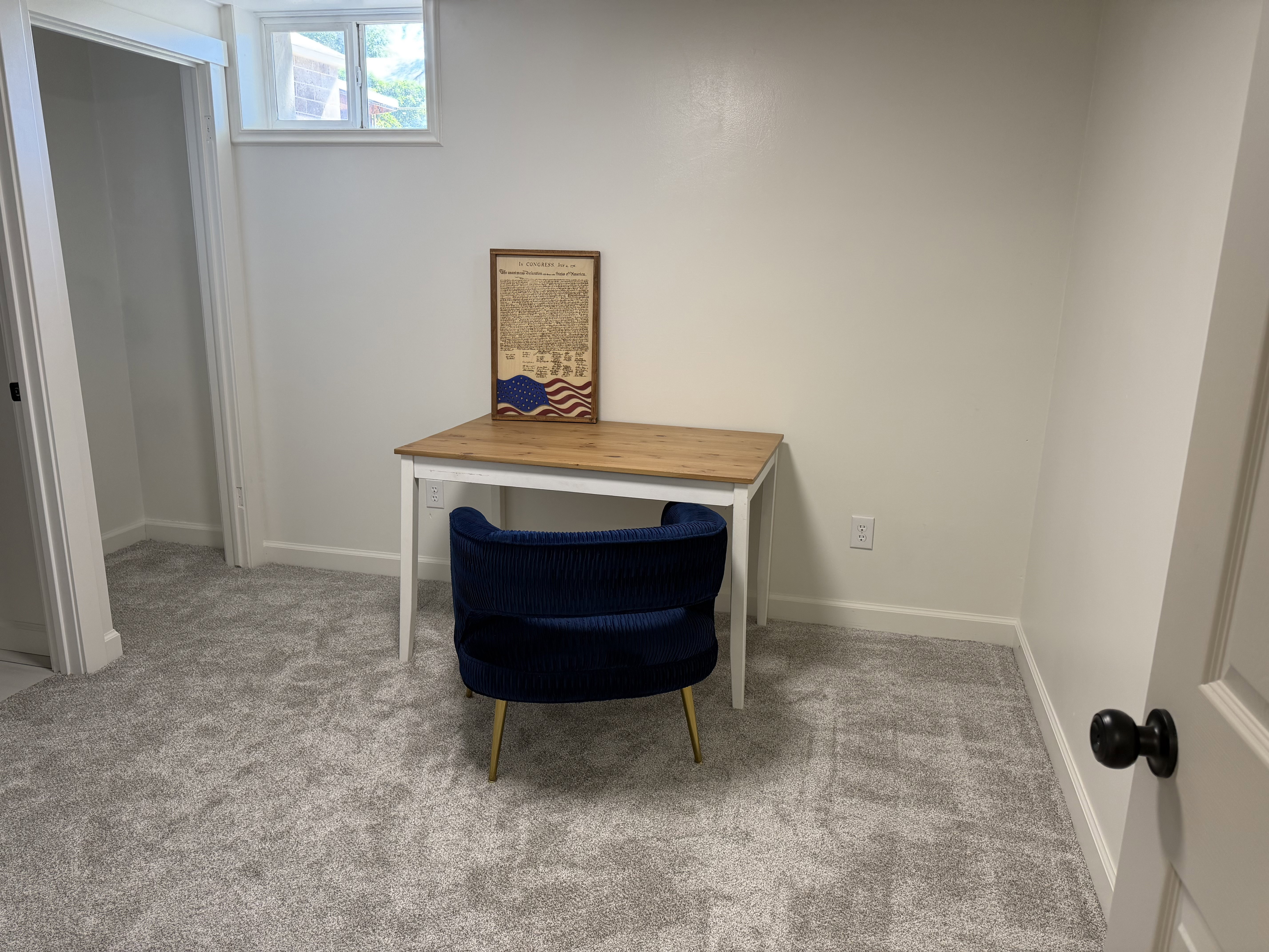 Brightly lit interior space featuring light gray carpeting, white walls, and a window providing natural illumination