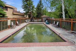 Outdoor pool area featuring a perimeter fence and mature trees