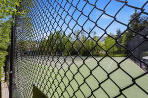 Fenced tennis court featuring a light green playing surface with white line markings, surrounded by mature trees and natural landscaping