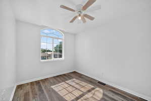 Arch-top window, wood-finish flooring, ceiling fan, and white baseboards