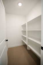 Spacious walk-in closet featuring white built-in shelving, recessed ceiling lighting, and neutral tone carpeting