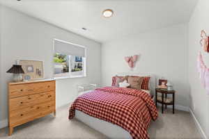 Neutral wall paint, light-colored carpet flooring, recessed lighting, and a single window with roller shade