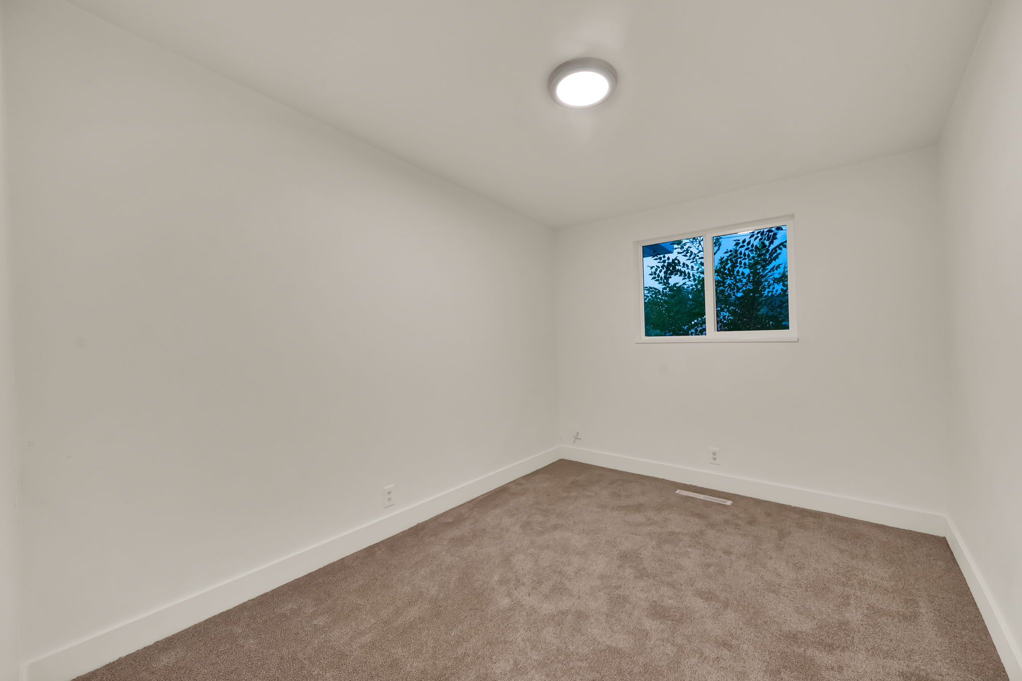 Neutral-toned carpeting in a room with white walls, a single window, and a flush-mount ceiling light