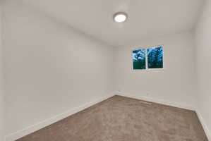 Neutral-toned carpeting in a room with white walls, a single window, and a flush-mount ceiling light