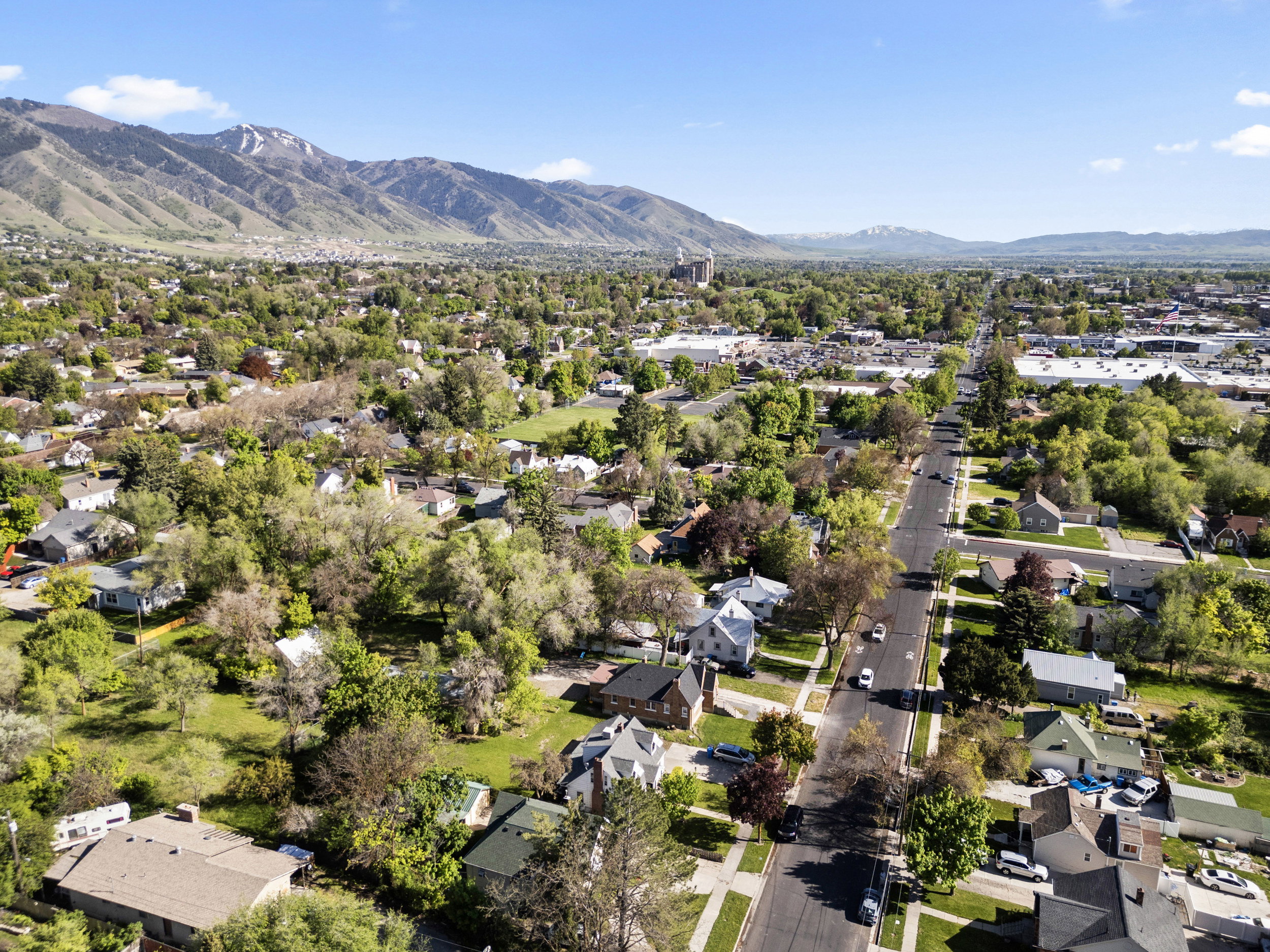 Aerial perspective showcasing a residential area with mature trees and mountain scenery