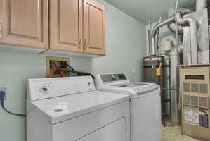 Dedicated laundry area featuring light wood-finish cabinetry, a utility sink connection, and durable flooring