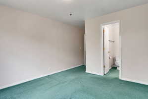 Spacious room featuring light-colored walls and green carpeting