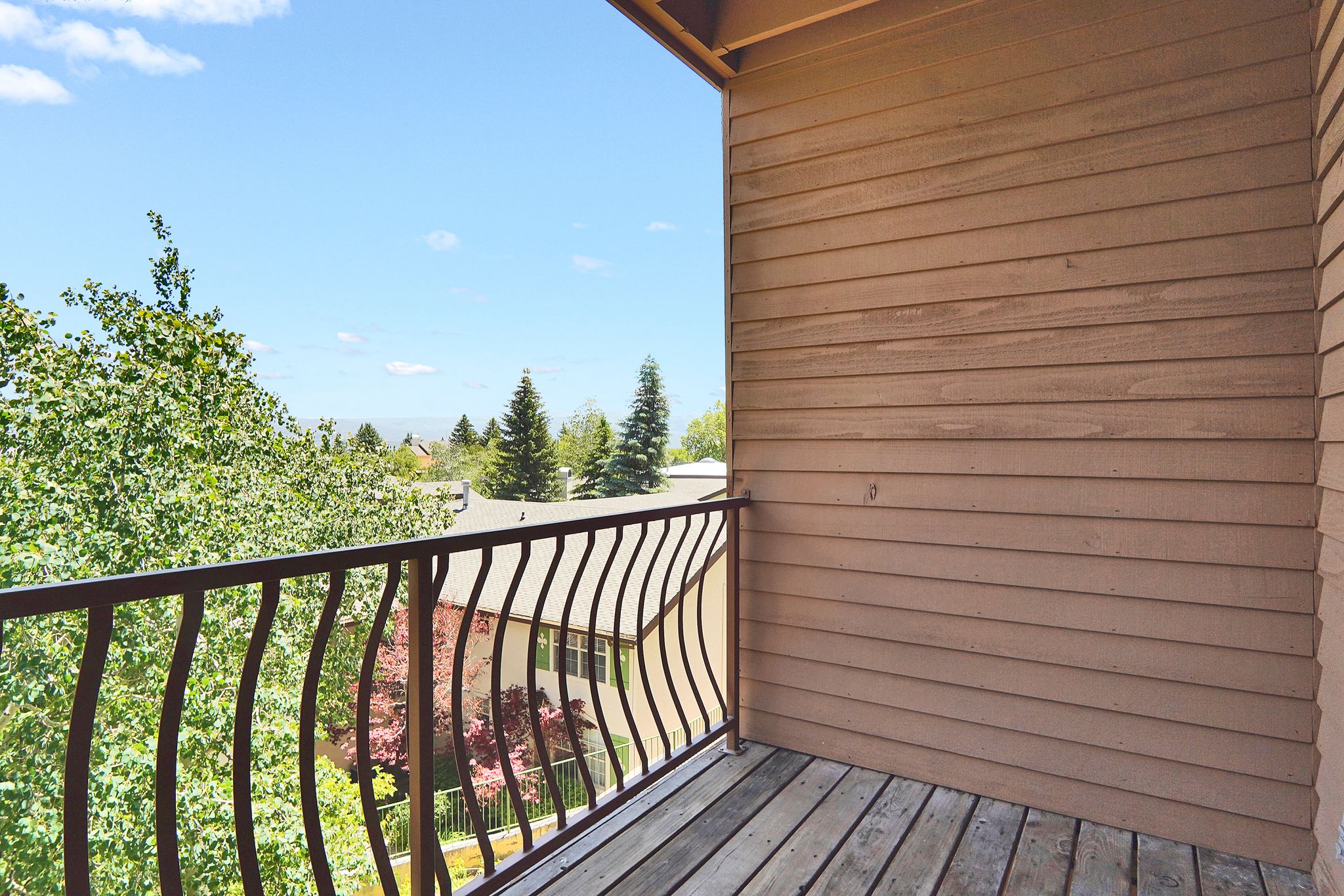 Exterior balcony featuring wood plank flooring and a decorative metal railing