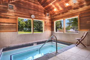 Indoor spa tub featuring a stainless steel grab rail and blue and white tile accents