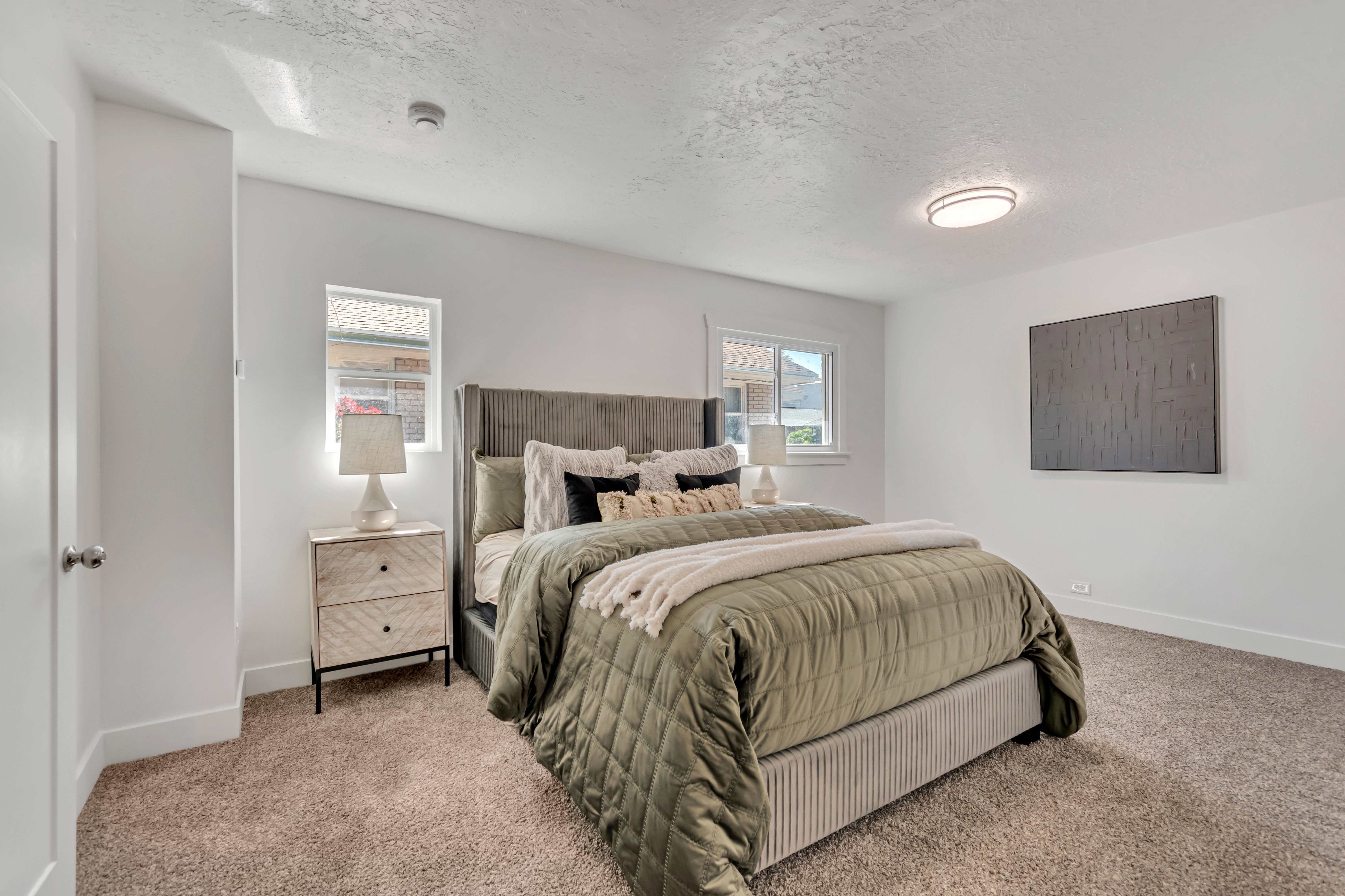 Carpeted bedroom featuring white walls, a flush-mount ceiling light, and two windows providing natural illumination