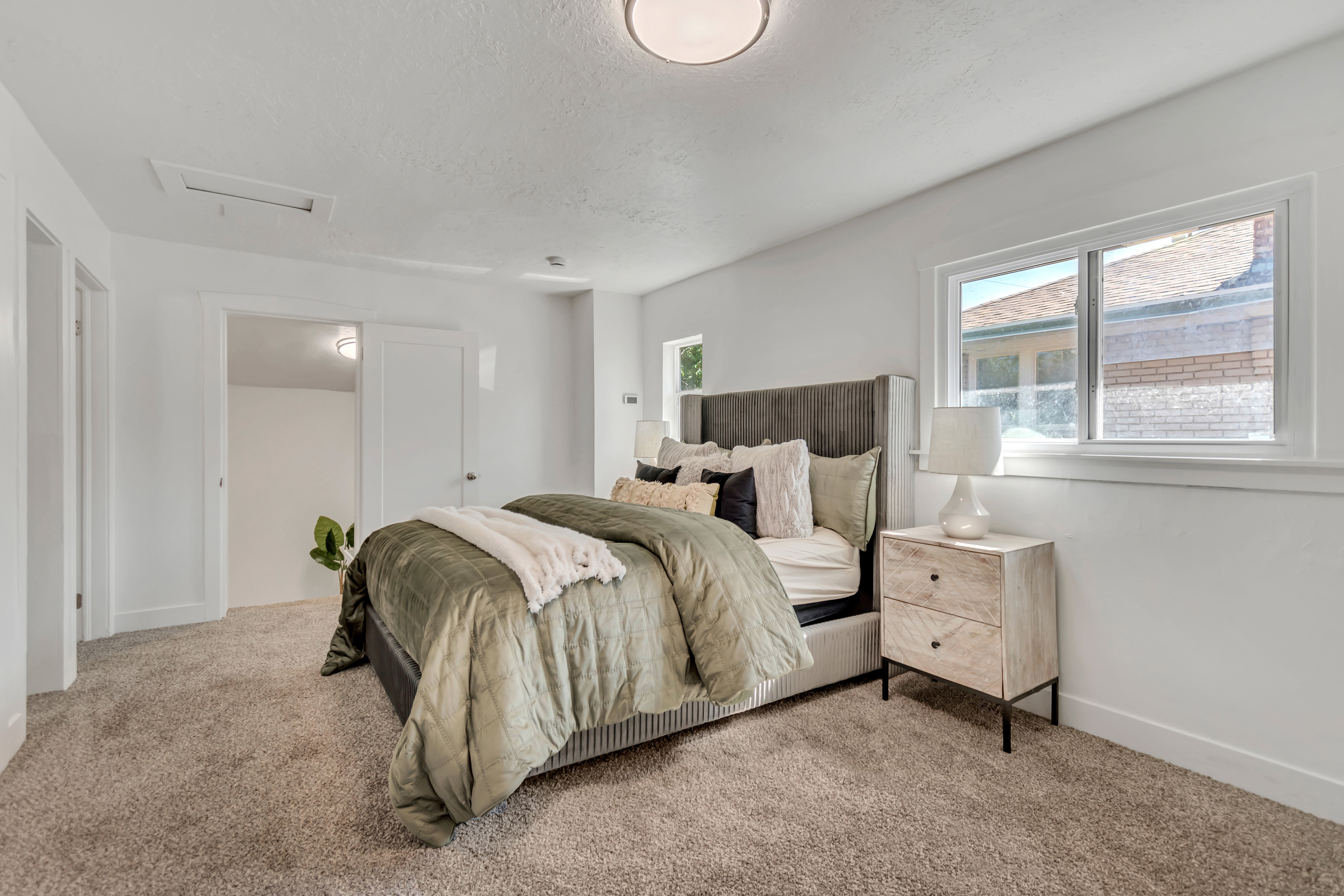 Brightly lit room featuring neutral-toned carpeting, white walls, and a contemporary ceiling light fixture