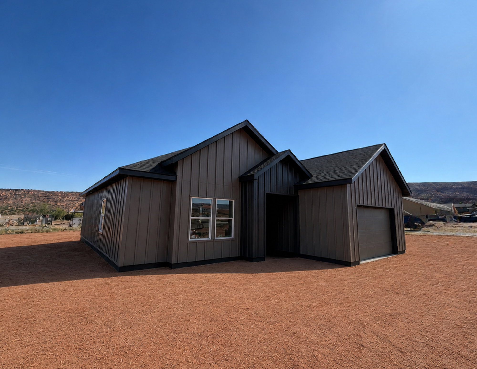 RENDERING. Modern single-story residence with vertical siding, pitched shingle roof, and attached garage.