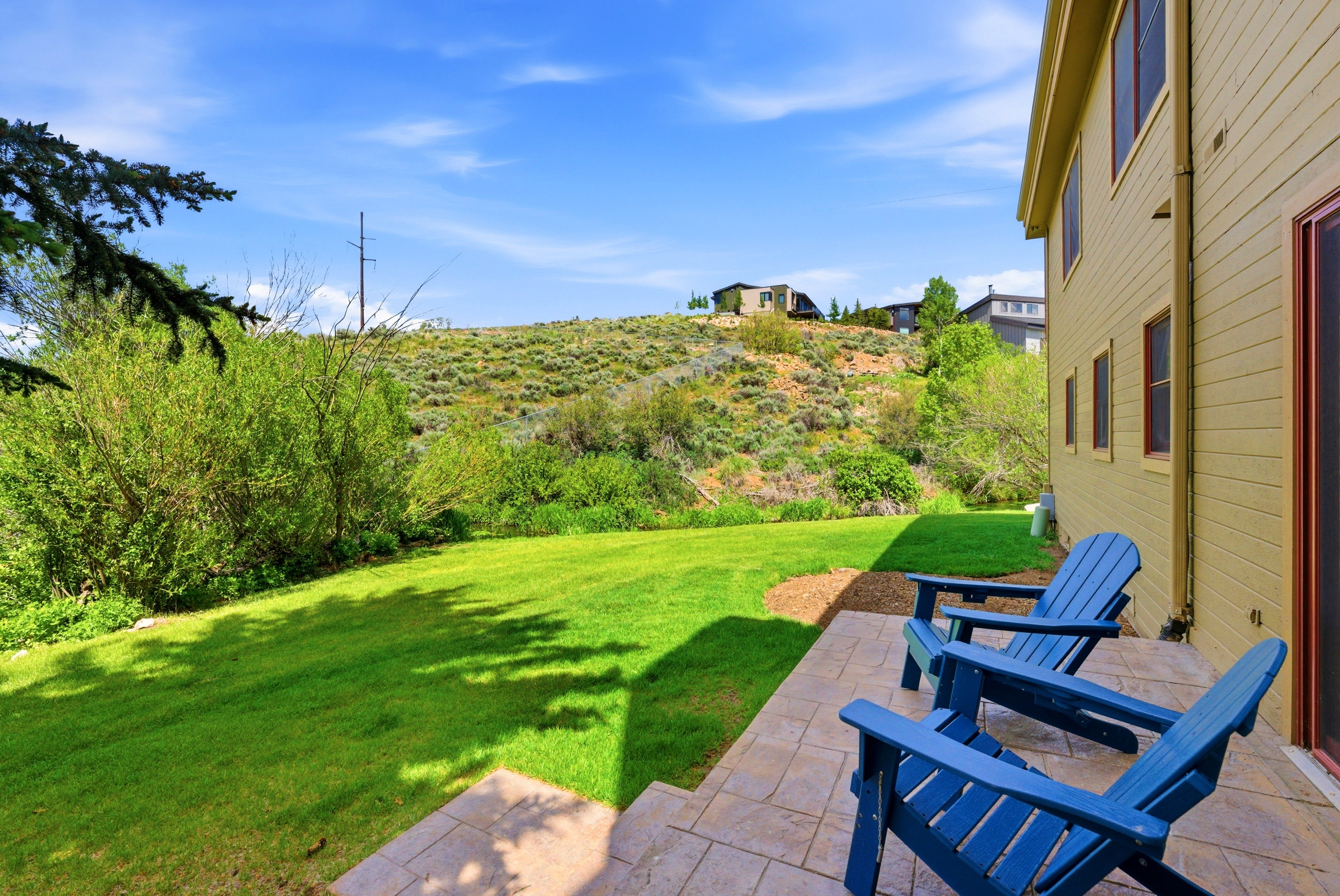 Expansive rear yard with a manicured lawn and a stone paver patio