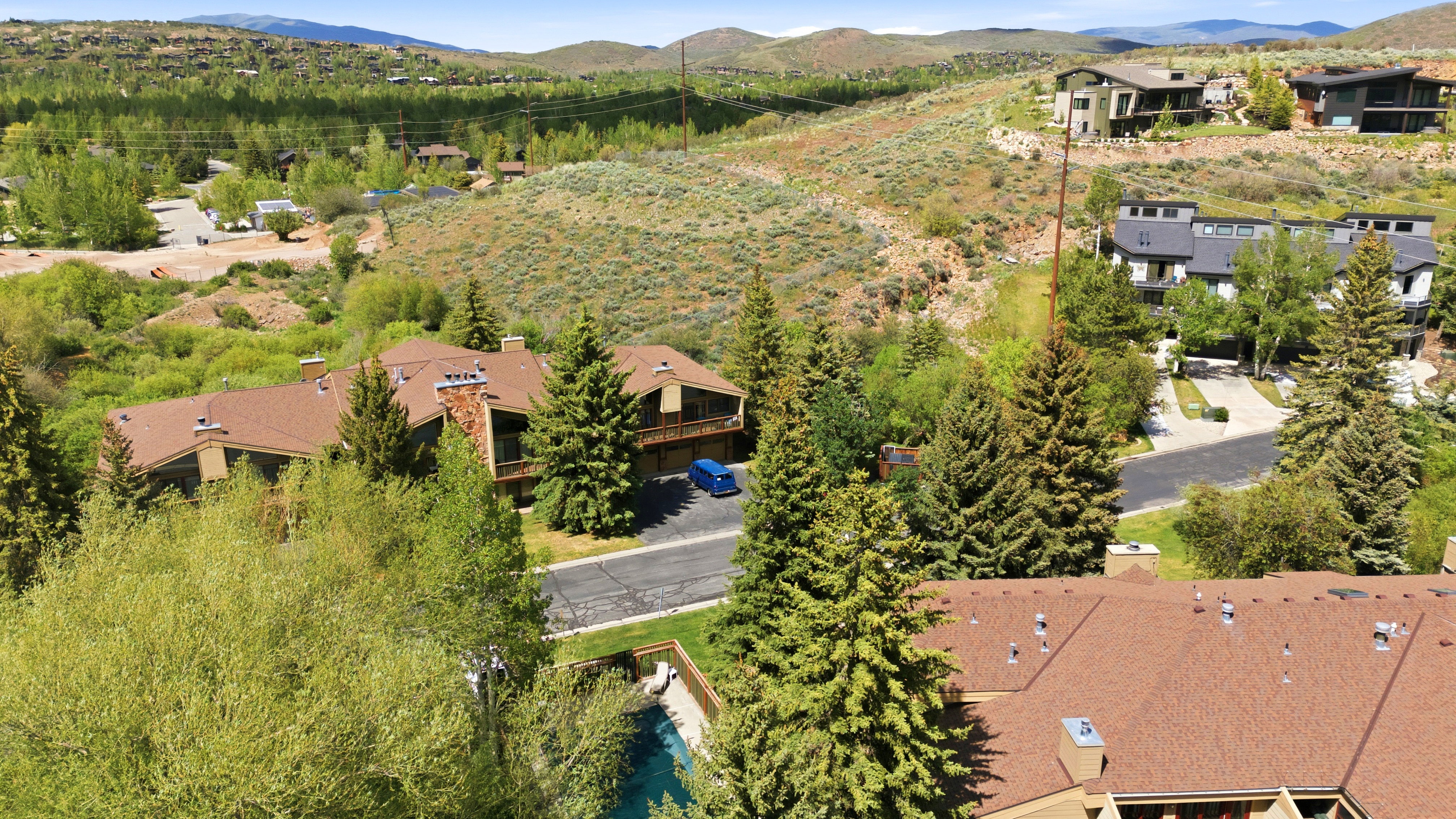Expansive property featuring a brown shingle roof, multiple chimneys, surrounding mature trees, and a visible portion of a swimming pool