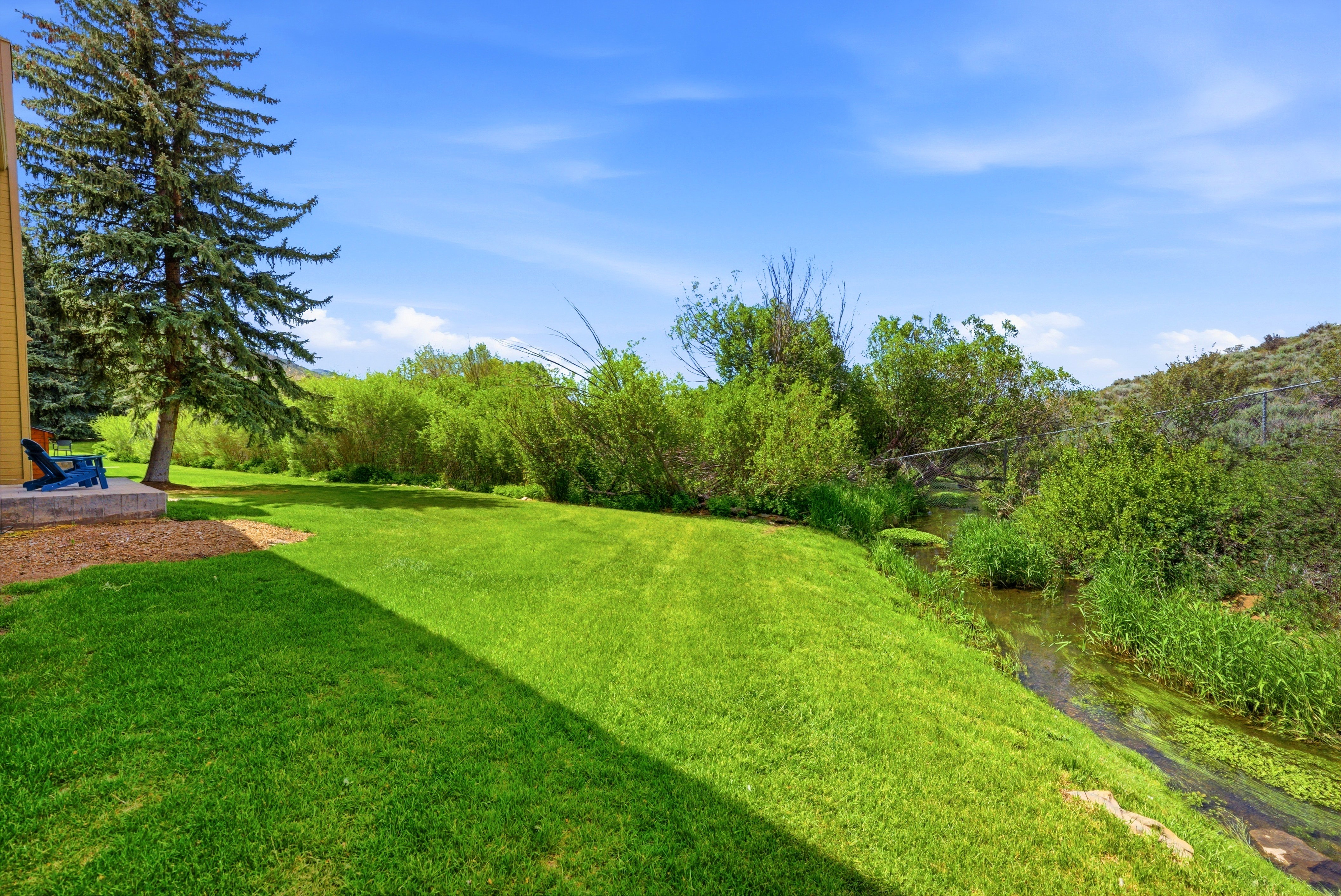 Expansive green lawn bordering a natural water feature with lush riparian vegetation