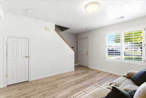 Light wood-finish flooring provides a neutral base for this living space