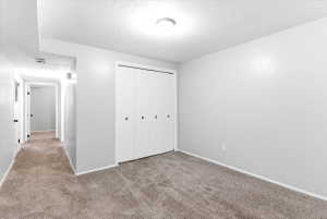 Carpeted interior room featuring a bi-fold door closet with ring pulls, a flush mount ceiling light, and a white baseboard trim