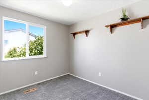 Room featuring light gray painted walls, a large white-framed window, and gray carpeted flooring