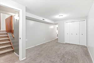 Carpeted room with light grey walls, white trim, a flush-mount ceiling light, and bi-fold closet doors