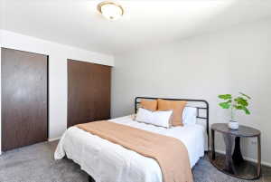 Bedroom featuring light-toned walls, ceiling-mounted lighting, and dark wood-finish bi-fold closet doors