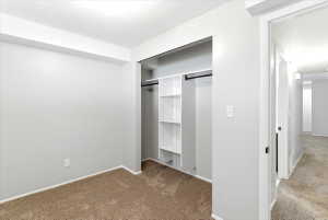 Bedroom featuring light gray wall paint, brown carpet flooring, and a built-in closet with shelving and hanging rods