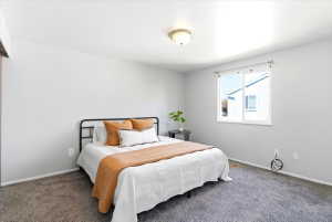 Bedroom featuring light gray walls, gray carpet flooring, a single window with white trim, and a flush mount ceiling light fixture