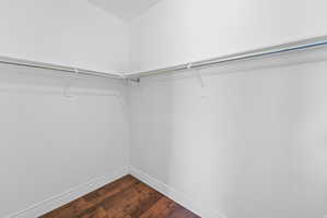 Walk-in closet featuring wood-finish flooring, white walls, and a two-tier hanging rod system