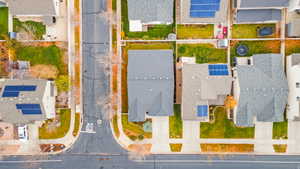 Aerial perspective showcasing residential properties with established landscaping