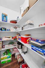 Built-in pantry featuring white shelving, wood-finish flooring, and white walls